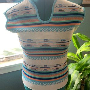 1970s Aztec Detail Sleeveless Polyester Blouse with Blue, White + Orange Detail